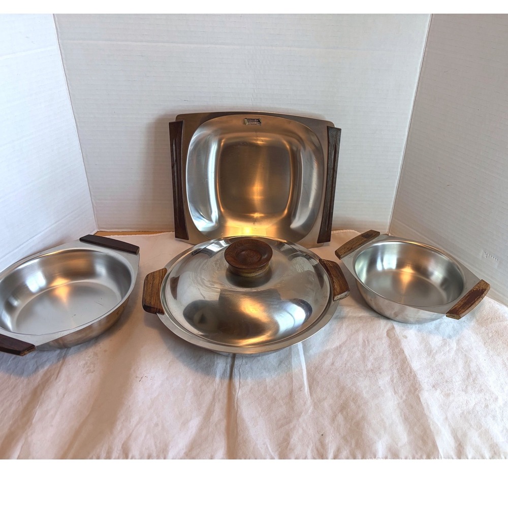Vintage Selandia Denmark Mid Century Modern Stainless Steel & Wood Serving Set